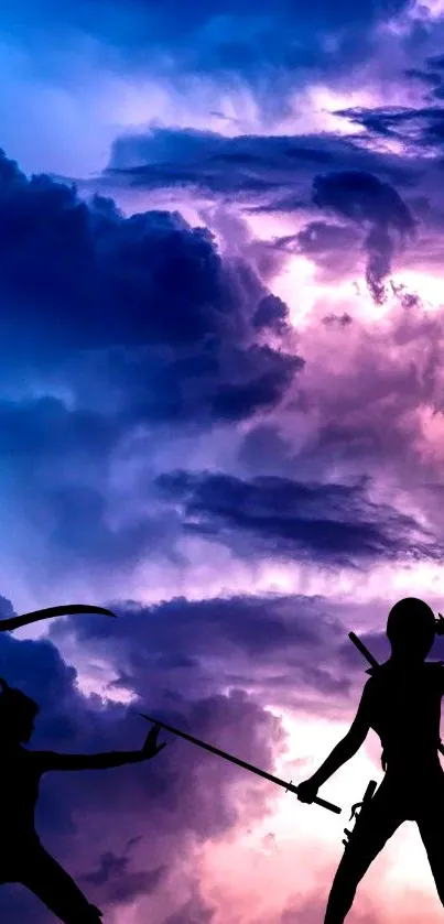 Silhouetted warriors duel beneath a purple sky.