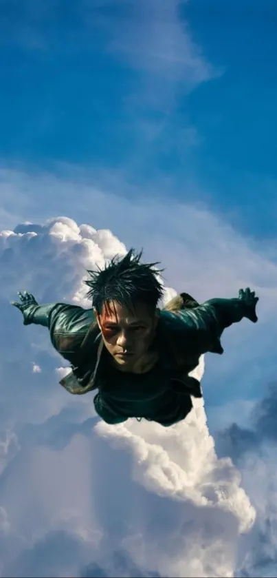 Anime character skydiving through clouds with blue sky background.