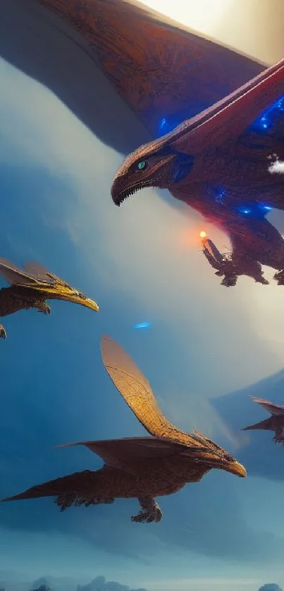 Epic dragons flying through a vibrant sky.