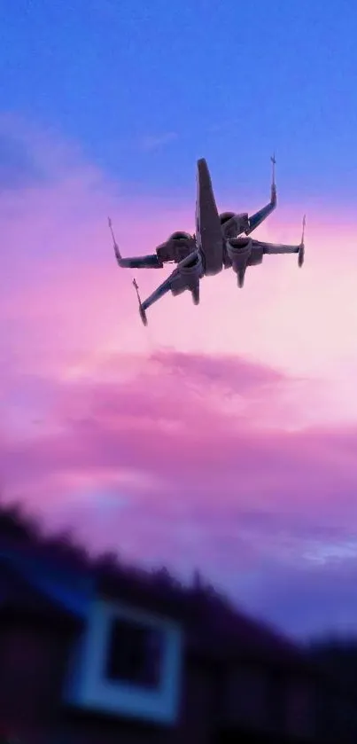 Fighter jet crossing a scenic purple sky.