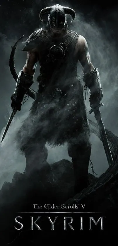 Dynamic Skyrim wallpaper with Dragonborn hero on a smoky background in dark gray tones.