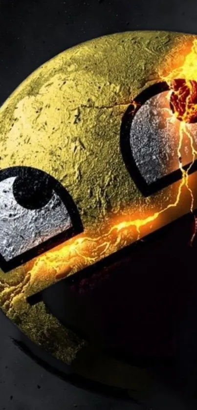 Epic cracked smiley face with fiery texture on a mobile wallpaper.