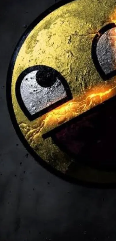 Cracked yellow smiley face with lightning on dark background.