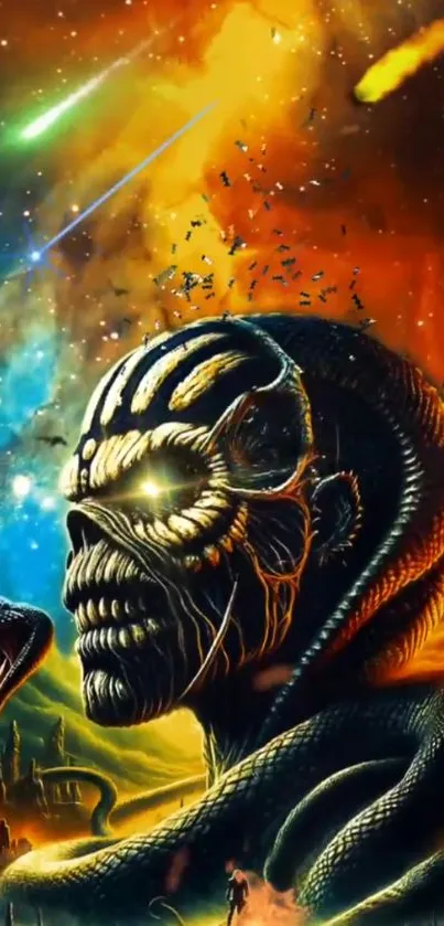 Epic snake warrior in cosmic battle scene with vivid colors and dynamic design.