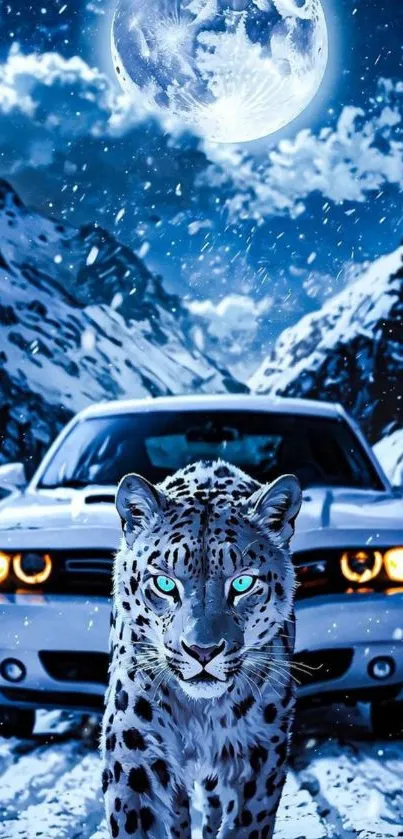 Snow leopard and car under moonlit snowy landscape.