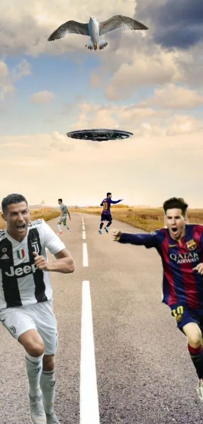 Surreal soccer wallpaper with famous players on a road under a vibrant sky.