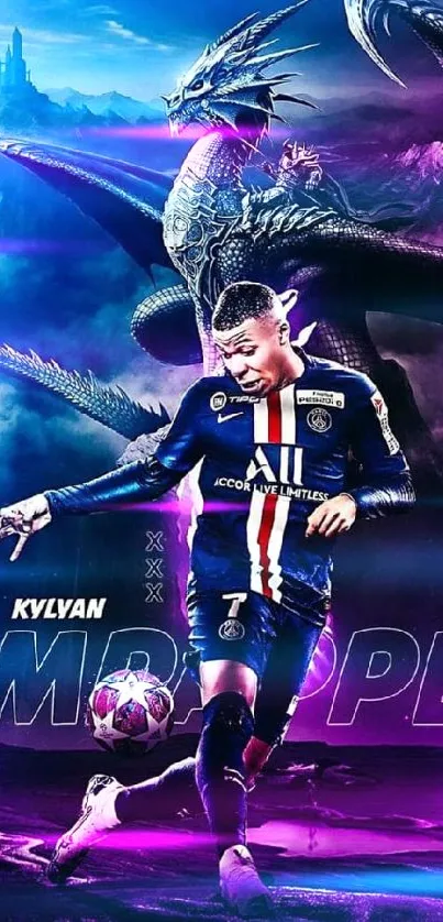 Soccer player with dragon fantasy wallpaper.