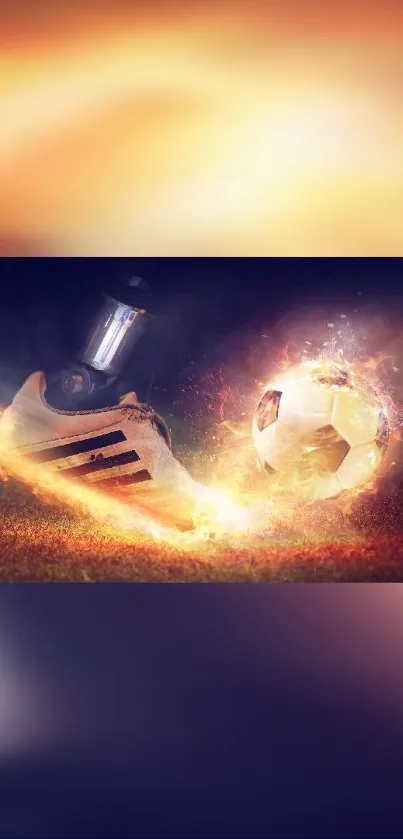 Fiery mobile wallpaper with soccer ball and shoe kick in vibrant hues.