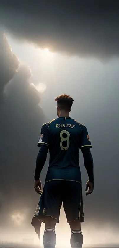 Soccer player under stormy skies on a field, featuring dramatic light.