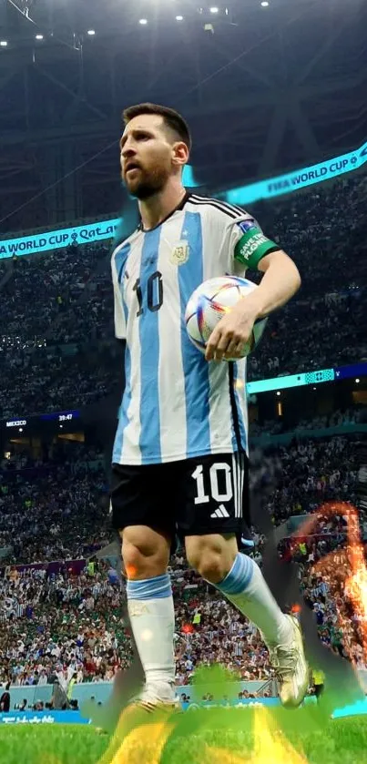 Soccer player holding ball in stadium.