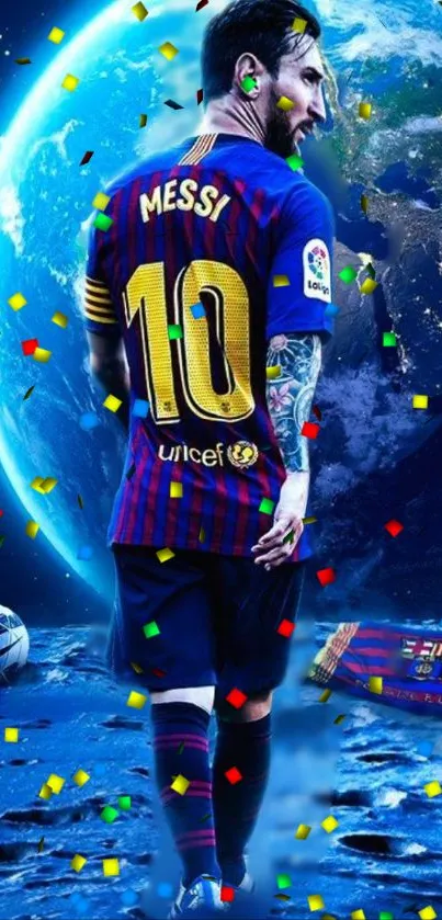 Soccer player with Earth background, cosmic theme.