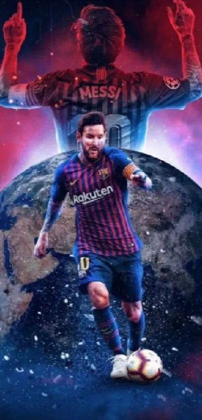 Dynamic soccer player with cosmic background.