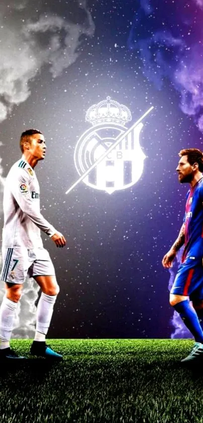 Epic soccer showdown wallpaper featuring two iconic players on a dynamic field.