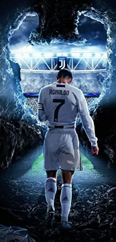 Soccer player entering stadium wallpaper with dynamic blue lighting.