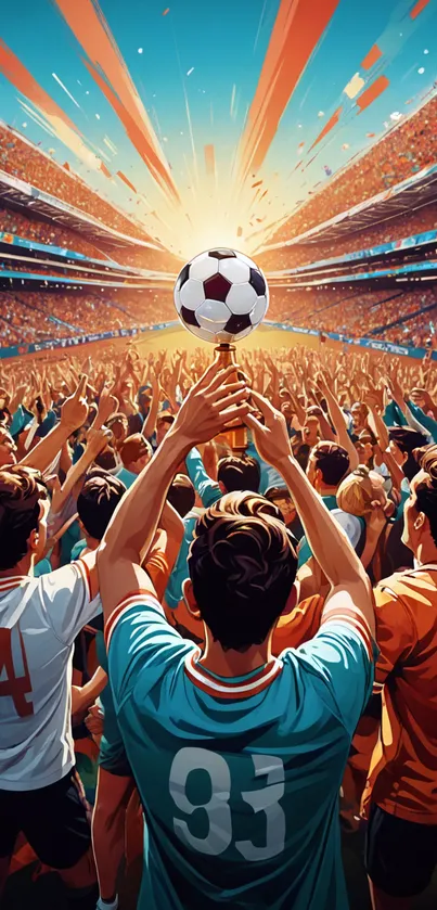 Players celebrate with a soccer trophy in a vibrant stadium.