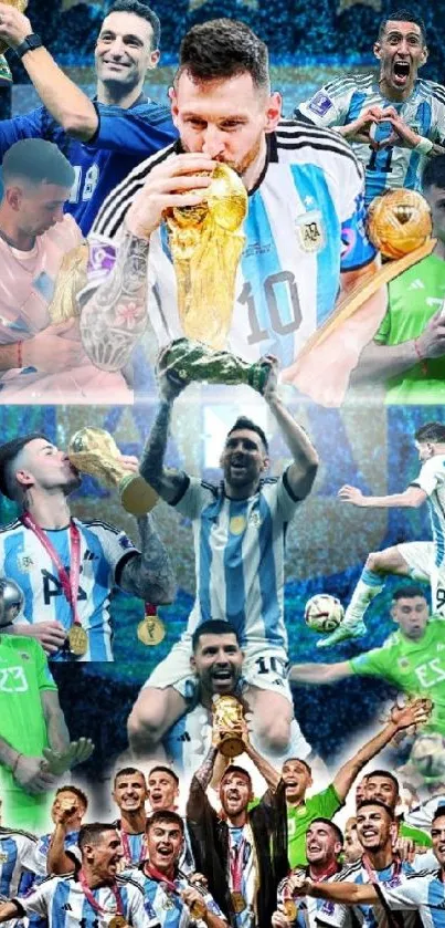 Soccer players celebrating with trophies in a vibrant collage.