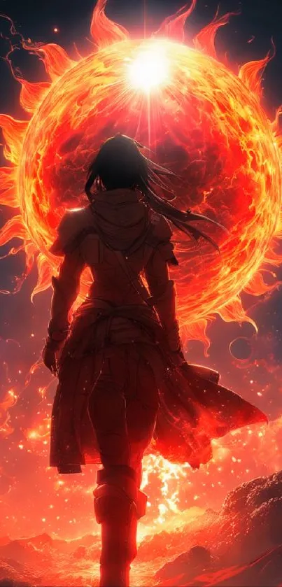 Heroic silhouette against fiery solar backdrop in epic fantasy wallpaper.