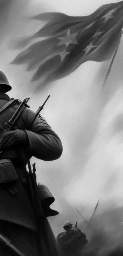 Dramatic black and white soldier scene with flag on a battlefield.