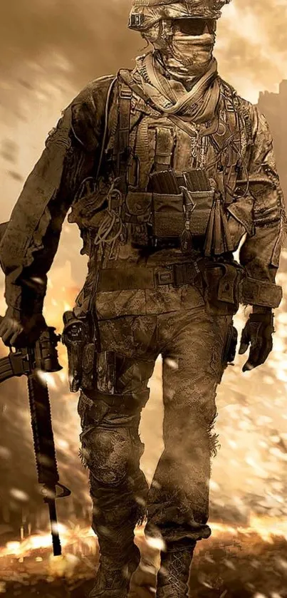 Epic soldier in camouflage on a smoky battlefield with dramatic lighting.