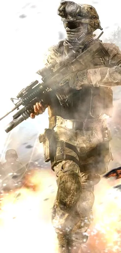 Epic soldier in battle with vibrant explosions in background.