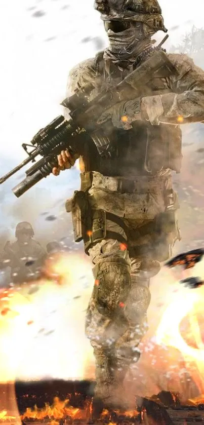 Epic soldier in action mobile wallpaper with intense battle scene.