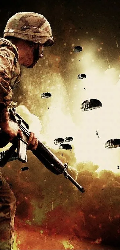 Intense battle scene with soldiers and parachutes.