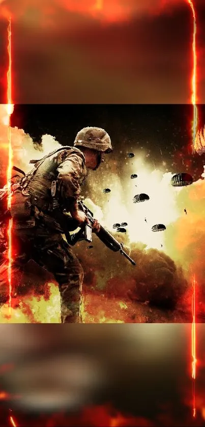 Soldier in fiery battle scene mobile wallpaper.