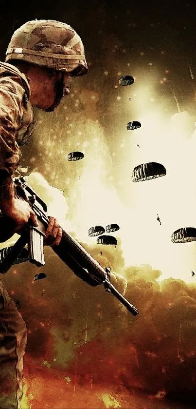 Epic soldier in combat with a fiery sky backdrop.
