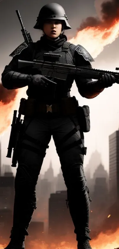 Epic soldier in urban setting with blazing fire backdrop, perfect for mobile wallpaper.