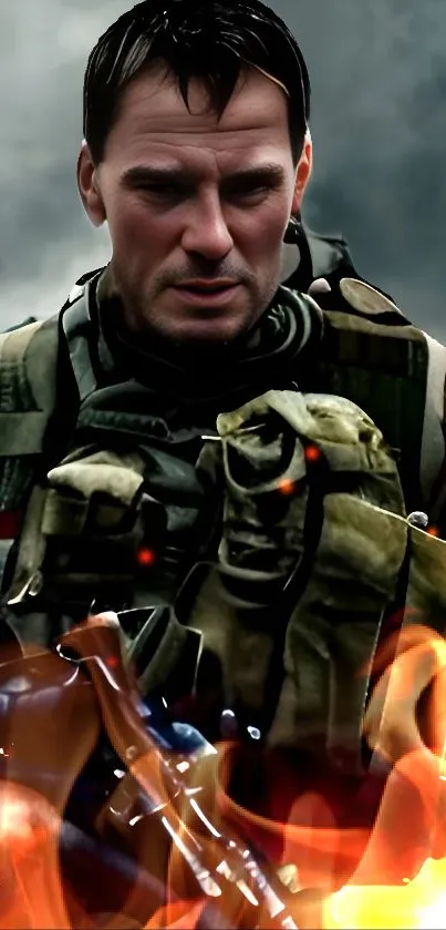 Epic soldier in fiery scene mobile wallpaper.