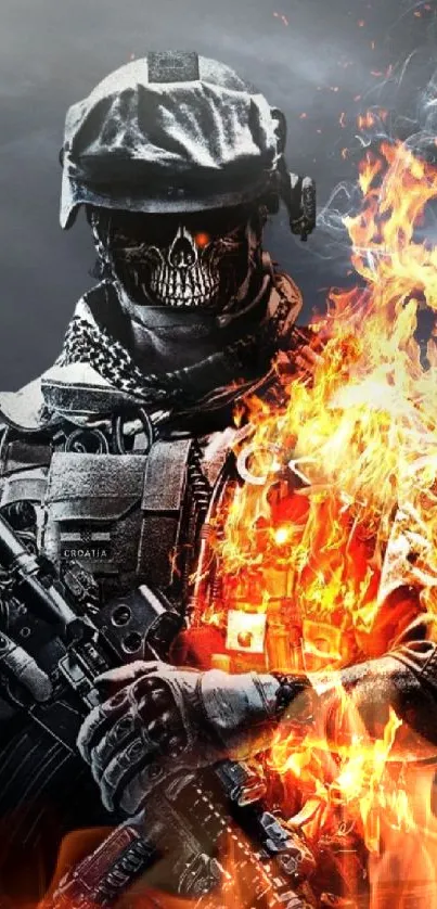 Masked soldier in flames mobile wallpaper.