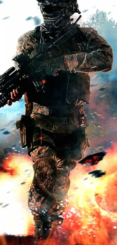 Epic soldier in battle amidst flames and action.