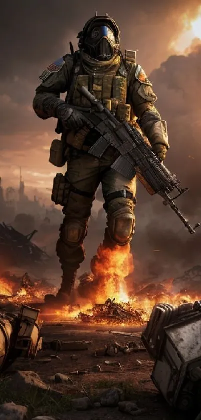 A soldier in battle gear strides through a fiery battlefield with clouds billowing above.