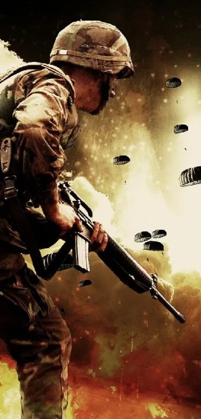 Epic soldier amidst battle with parachutes and smoke in mobile wallpaper design.