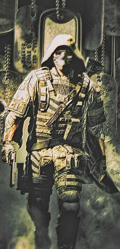 Epic soldier in tactical gear with dramatic background.