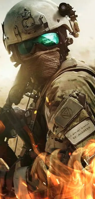 Soldier in tactical gear with helmet and goggles on a battlefield.