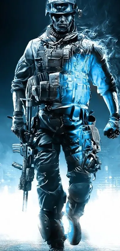 Epic soldier in blue glow mobile wallpaper for gamers.