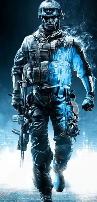 Epic soldier in blue armor with smoke and urban backdrop wallpaper.