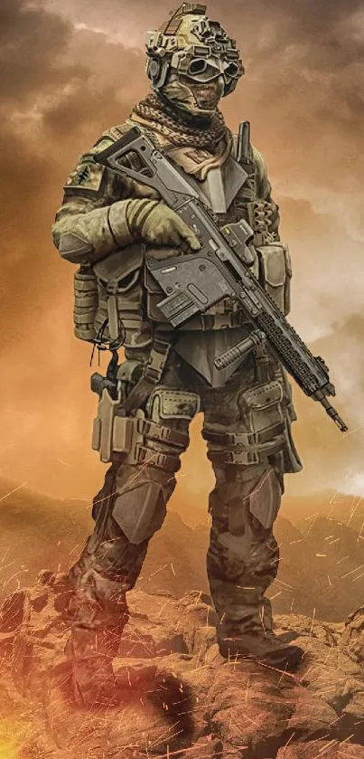 Epic soldier standing in tactical gear on a fiery battlefield.