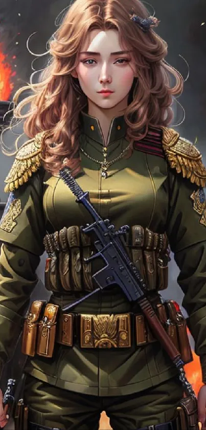 Portrait of a female soldier in battlefield with vibrant, fiery background.