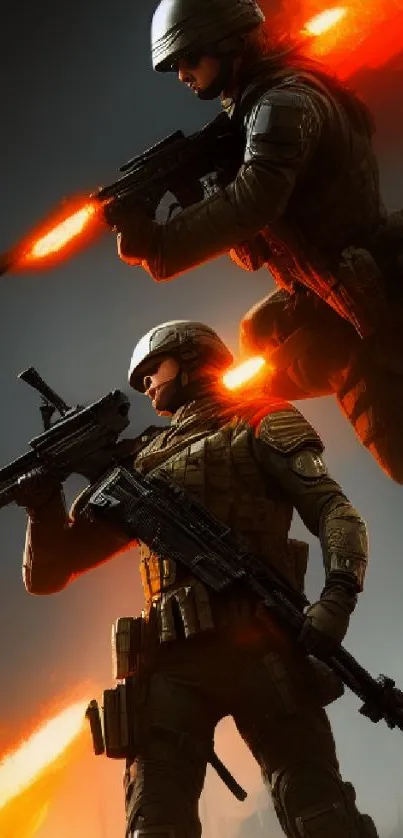 Mobile wallpaper of two soldiers with glowing weapons and a fiery orange background.