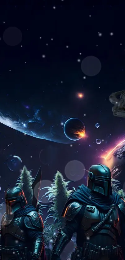 Epic space scenery with armored figures and cosmic backdrop.