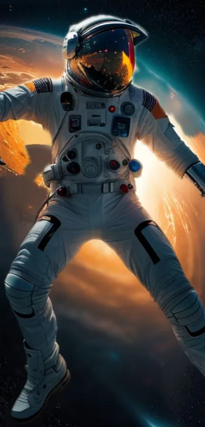 Astronaut in space with galaxy glowing background.