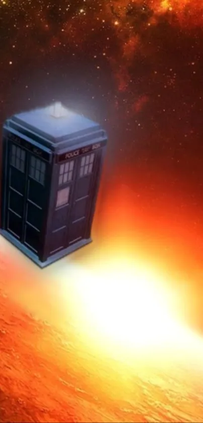 Sci-fi police box hovering near glowing planet in space wallpaper.