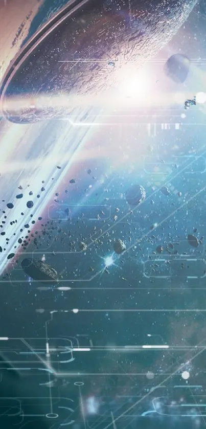 Stunning space-themed wallpaper with spaceships, planets, and asteroids.