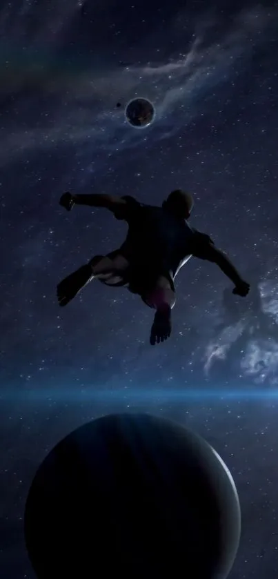 Silhouette of an adventurer in space with planets and stars