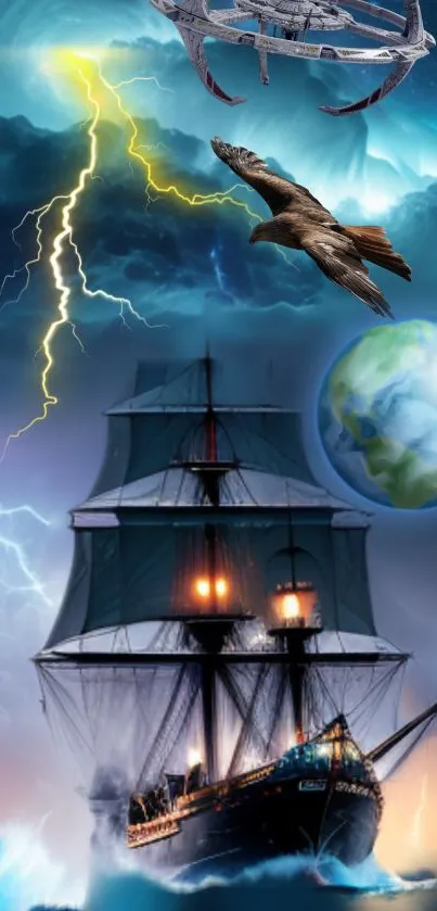 Ship sailing with eagle in a cosmic storm and planet view wallpaper.