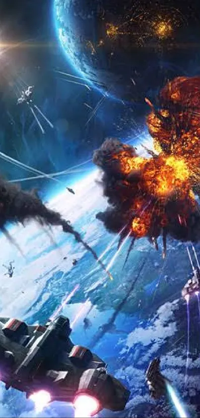 Futuristic spaceships in epic space battle with fiery explosions.