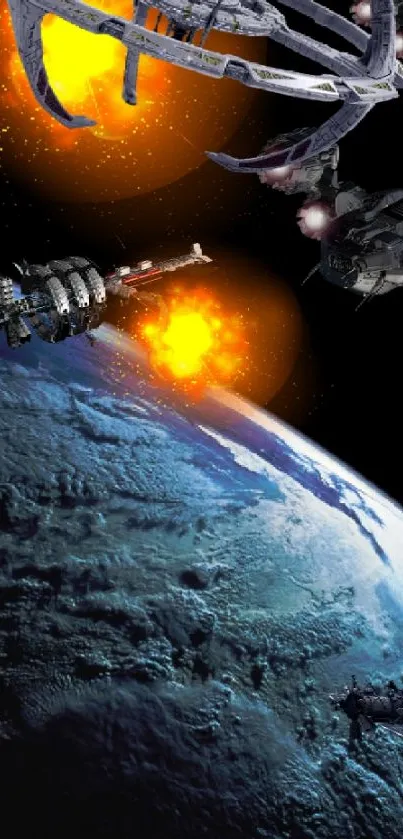 Epic space battle scene with spaceships and fiery explosions above Earth.