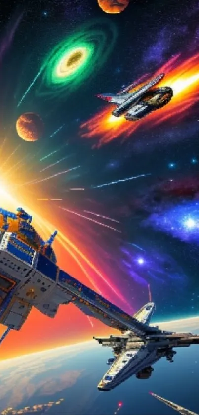 Epic space battle with spaceships and meteors in vibrant cosmic scene.